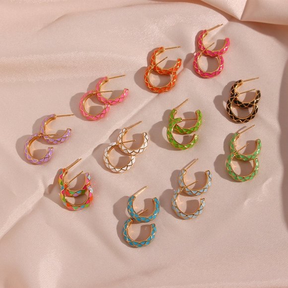 Multi Color Geometric Pattern Hoop Earrings 18K Gold Plated Stainless - Picture 5 of 7